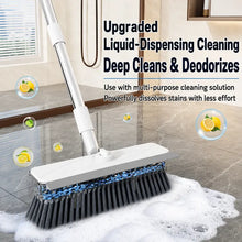Cargar imagen en el visor de la galería, 4-In-1 Liquid Dispensing Floor Scrub Brush with Long Plastic+Steel Handle, 25Cm Heavy-Duty Stiff Bristle Broom with Squeegee & Tweezer for Floors/Tiles Deep Cleaning House Supplies, Wet Dry Fur Remover Grey Home Care Tool Hard Kitchen Scraper Brooms Push