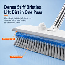 Cargar imagen en el visor de la galería, 4-In-1 Liquid Dispensing Floor Scrub Brush with Long Plastic+Steel Handle, 25Cm Heavy-Duty Stiff Bristle Broom with Squeegee & Tweezer for Floors/Tiles Deep Cleaning House Supplies, Wet Dry Fur Remover Grey Home Care Tool Hard Kitchen Scraper Brooms Push