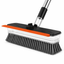 Cargar imagen en el visor de la galería, 4-In-1 Liquid Dispensing Floor Scrub Brush with Long Plastic+Steel Handle, 25Cm Heavy-Duty Stiff Bristle Broom with Squeegee & Tweezer for Floors/Tiles Deep Cleaning House Supplies, Wet Dry Fur Remover Grey Home Care Tool Hard Kitchen Scraper Brooms Push