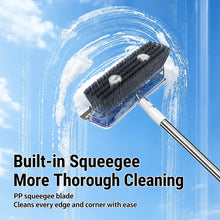 Cargar imagen en el visor de la galería, 4-In-1 Liquid Dispensing Floor Scrub Brush with Long Plastic+Steel Handle, 25Cm Heavy-Duty Stiff Bristle Broom with Squeegee & Tweezer for Floors/Tiles Deep Cleaning House Supplies, Wet Dry Fur Remover Grey Home Care Tool Hard Kitchen Scraper Brooms Push