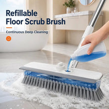 Cargar imagen en el visor de la galería, 4-In-1 Liquid Dispensing Floor Scrub Brush with Long Plastic+Steel Handle, 25Cm Heavy-Duty Stiff Bristle Broom with Squeegee &amp; Tweezer for Floors/Tiles Deep Cleaning House Supplies, Wet Dry Fur Remover Grey Home Care Tool Hard Kitchen Scraper Brooms Push
